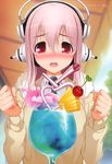  absurdres blue_hawaii blush cherry cup drink drinking_straw food fruit headphones highres long_hair looking_at_viewer nitroplus open_mouth pink_hair red_eyes scan solo super_sonico sweater tropical_drink tsuji_santa 