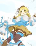  blonde_hair blue_hair boots bound breasts crossover drill_hair hair_ornament hat ikamusume large_breasts long_hair mahou_shoujo_madoka_magica multiple_girls nori_senbei open_mouth orange_eyes saimoe saimoe_2011 shinryaku!_ikamusume surprised_arms tentacle_hair tentacles thighhighs tied_up tomoe_mami twin_drills twintails 