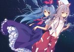  arm_up bad_id bad_pixiv_id blue_dress blue_hair bow cloud collaboration dress fujiwara_no_mokou full_moon hair_bow hair_ribbon hat kamishirasawa_keine kisaragi_kiriha kusada_souta long_hair moon multiple_girls neckerchief night pants red_eyes ribbon shirt silver_hair sky smile star_(sky) suspenders touhou 