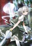  black_hairband bow green_eyes hair_ribbon hairband hitodama katana konpaku_youmu konpaku_youmu_(ghost) r_star ribbon scabbard sheath short_hair silver_hair solo stairs sword thighhighs touhou vest weapon 