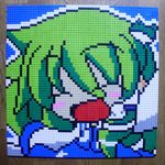  ^_^ arm_up blush_stickers closed_eyes derivative_work frog_hair_ornament green_hair hair_ornament highres kochiya_sanae lego open_mouth photo pixel_art smile solo table touhou upper_body you_rei_(blowback) 