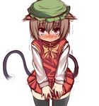  animal_ears black_legwear blush bow brown_hair cat_ears cat_tail chen crying crying_with_eyes_open earrings embarrassed face furagu hat highres jewelry miniskirt multiple_tails red_eyes sketch skirt solo tail tears thighhighs touhou zettai_ryouiki 