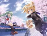  3girls bad_id bad_pixiv_id cherry_blossoms cloud day graduation hair_ornament hairclip hatsune_miku highres kagamine_len kagamine_rin kaito kneehighs long_hair megurine_luka multiple_boys multiple_girls school_uniform serafuku short_hair sinwa_(tamaki) sitting skirt sky stairs twintails vocaloid 