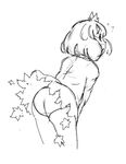  aki_shizuha ass blush dissolving_clothes from_behind greyscale hair_ornament leaf_hair_ornament leaning_forward looking_at_viewer looking_back mepikari monochrome panties short_hair sketch solo touhou underwear wind wind_lift 