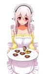  absurdres apron breasts chocolate chocolate_heart food frills headphones heart highres large_breasts long_hair looking_at_viewer nitroplus open_mouth pink_hair red_eyes simple_background super_sonico tsuji_santa white_background 