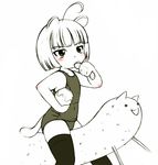  animal_ears black_legwear blush body_blush child copyright_request eating flat_chest mepikari monochrome one-piece_swimsuit school_swimsuit short_hair solo spot_color swimsuit tail thighhighs 