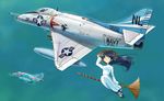  a-4_skyhawk aircraft airplane blue_hair bomb broom broom_riding drop_tank flying hand_on_headwear hat inui_(jt1116) jet long_hair military multiple_aircraft original sidesaddle vietnamese_dress 