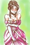  bare_shoulders black_hair black_lagoon blush breasts brown_eyes cigarette cleavage drawfag dress elbow_gloves embarrassed formal gloves gown hair_up medium_breasts non-web_source revy_(black_lagoon) smoking solo strapless strapless_dress tiara 