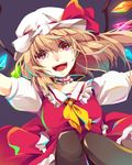  am. ascot black_legwear blonde_hair blush choker face flandre_scarlet hat hat_ribbon open_mouth pantyhose red_eyes ribbon short_hair side_ponytail skirt smile solo touhou wings 