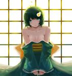  ahoge araragi_tsukihi bad_id bad_pixiv_id bare_shoulders black_hair blue_eyes breasts fried_egg hair_ornament japanese_clothes kimono light_smile monogatari_(series) nisemonogatari sitting small_breasts solo sp09 