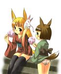  animal_ears black_legwear blue_eyes blush brown_hair copyright_request cotton_candy fox_ears fox_mask fox_tail highres japanese_clothes kimono mask mepikari multiple_girls panties red_eyes sitting striped striped_panties tail thighhighs underwear white_background 