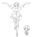  armor armored_dress bare_shoulders boots chibi chibi_inset crane_stance drawfag dress elbow_gloves gloves greyscale gwendolyn highres monochrome odin_sphere short_hair standing standing_on_one_leg strapless strapless_dress thigh_boots thighhighs tiara 