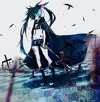  bad_id bad_pixiv_id bikini black_hair black_rock_shooter black_rock_shooter_(character) boots burning_eye cape checkered checkered_floor cross glowing groin highres holding long_hair mahyack navel short_shorts shorts solo star swimsuit sword twintails weapon 