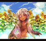 :d bad_id bad_pixiv_id belt eyepatch field flower flower_field inazuma_eleven inazuma_eleven_(series) jewelry letterboxed male_focus necklace open_mouth r04315 red_eyes sakuma_jirou silver_hair smile solo sunflower 