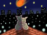  ambiguous_gender asteroid black_fur cat city couple feline feral fur glowing mammal meteor mitumeusagi night roof sky star white_fur 