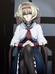  &gt;:) alice_margatroid armchair ascot bad_id bad_pixiv_id bangs black_legwear blonde_hair blue_dress blue_eyes capelet chair crossed_legs dress grin hairband hands_clasped head_tilt indoors legs looking_at_viewer otouto_(caster5) own_hands_together pantyhose short_hair sitting smile solo touhou v-shaped_eyebrows wristband 