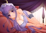  afterglow alternate_costume bad_id bad_pixiv_id bed blush bow breasts canopy_bed chiro cleavage crescent hair_bow hat large_breasts leg_garter long_hair looking_at_viewer lying on_bed on_side patchouli_knowledge pillow purple_eyes purple_hair smile solo strap_slip touhou 