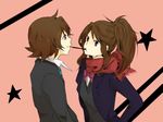  1boy 1girl bow bowtie brown_hair casual couple food jacket long_hair pocky pocky_kiss pokemon pokemon_(game) pokemon_bw ponytail red_eyes scarf shared_food smile touko_(pokemon) touya_(pokemon) uniform 