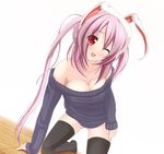  ;d alternate_costume alternate_hairstyle animal_ears arm_support bare_shoulders black_legwear bottomless breasts bunny_ears chimunge cleavage kneeling large_breasts leaning_forward long_hair naked_sweater no_pants off_shoulder one_eye_closed open_mouth purple_hair red_eyes reisen_udongein_inaba ribbed_sweater smile solo sweater thighhighs touhou twintails 