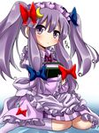 :&lt; alternate_costume alternate_hairstyle book bow crescent crescent_hair_ornament givuchoko hair_bow hair_ornament highres kneehighs long_hair patchouli_knowledge purple_eyes purple_hair sitting solo touhou twintails wariza 