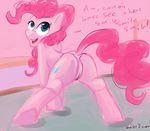  blue_eyes butt cutie_mark english_text equine female feral friendship_is_magic hair hobbes_maxwell horse looking_back mammal my_little_pony pink_hair pink_theme pinkie_pie_(mlp) ponies pony presenting presenting_hindquarters solo text 