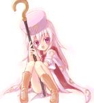  ? benesse boots cape fang hat hatena_yousei long_hair looking_at_viewer minamura_haruki panties pink_hair pink_hat smile solo staff striped striped_panties underwear 