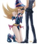  1girl artist_request belt blonde_hair blue_footwear blush boots bow breasts choker cleavage closed_eyes couple dark_magician_girl duel_monster gem hat hetero jewelry kneeling large_breasts long_hair pants shoes simple_background skirt smile wizard_hat yami_yuugi yuu-gi-ou yuu-gi-ou_duel_monsters 