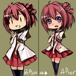  ahoge akaza_akari bad_id bad_pixiv_id black_legwear blush chibi comparison hair_bun open_mouth pako_(moto_paco) purple_eyes red_hair short_hair simple_background solo thighhighs yuru_yuri zettai_ryouiki 