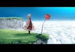  blonde_hair boots cloud day dress garnet letterboxed no_hat no_headwear road_sign scenery sign smile solo tabard touhou yakumo_yukari 