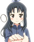  black_eyes black_hair blush hattori_shizuka holding_hands long_hair looking_at_viewer military military_uniform mitsuki_meiya out_of_frame ponytail pov pov_hands simple_background smile solo_focus strike_witches uniform white_background world_witches_series 