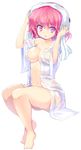  bare_legs barefoot breasts drying drying_hair feet highres japanese_clothes kimono large_breasts legs looking_at_viewer mamo_williams navel open_clothes open_kimono pink_eyes pink_hair saigyouji_yuyuko see-through short_hair sitting solo toes touhou towel wet wet_clothes 