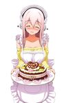  ^_^ absurdres apron blush breasts cake chocolate closed_eyes cream food food_on_face frills headphones heart highres large_breasts long_hair macaron nitroplus open_mouth pink_hair simple_background smile solo super_sonico tsuji_santa white_background 