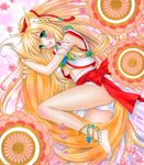  6kusa :d animal_ears anklet armlet ass bad_id bad_pixiv_id barefoot between_legs blush breasts cameltoe cleavage fang feet flower fox_ears fox_tail jewelry long_hair long_legs lying medium_breasts midriff on_side open_mouth original panties smile solo tail tail_between_legs underboob underwear very_long_hair white_panties 
