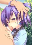  censored earrings fellatio head_hold highres jewelry oral outdoors purple_eyes purple_hair 