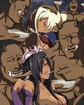  4boys bowl chloe_(kuroinu) collarbone dark_elf dark_skin earrings elf feeding horns jewelry kuroinu_~kedakaki_seijo_wa_hakudaku_ni_somaru~ multiple_boys multiple_girls ogre oni origa_discordia pointy_ears smile spoon spoon_in_mouth suggestive_fluid waero 