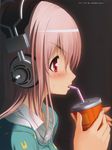  2011 absurdres black_background blush drinking drinking_straw fingernails from_side headphones highres jewelry necklace nitroplus pink_hair profile red_eyes simple_background solo super_sonico sweatdrop tsuji_santa upper_body 