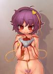  ahoge blush breasts colored_pubic_hair eyeball groin hairband heart holding holding_panties komeiji_satori looking_at_viewer nude panties pubic_hair purple_hair pussy red_eyes sankuma shadow short_hair small_breasts solo third_eye touhou underwear white_panties 