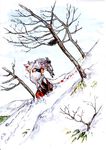  animal_ears bad_id bad_pixiv_id bare_tree blood goat highres horns inubashiri_momiji kobuushi landscape snow solo tail touhou traditional_media tree watercolor_(medium) wolf_ears 