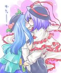  blue_hair blush capelet dress hat hinanawi_tenshi kenoka kiss long_hair multiple_girls nagae_iku purple_hair shawl short_hair touhou yuri 