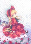  absurdres blonde_hair blue_eyes bonnet capelet checkered dress drill_hair flower hairband highres lace lace-trimmed_skirt lolita_fashion long_hair north_abyssor red_capelet red_dress red_flower red_rose rose rozen_maiden shinku shoes sitting skirt solo 