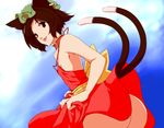  :p alternate_costume animal_ears ass bare_shoulders brown_eyes brown_hair cat_ears cat_tail chen collar dearmybrothers dress earrings flat_chest hat jewelry multiple_tails no_panties short_hair solo tail tongue tongue_out touhou 