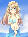  :o animal_ears aqua_bikini bikini blonde_hair blue_eyes blue_sarong blush breasts ciel_nosurge cleavage cloud day dog_ears flower front-tie_top hair_flower hair_ornament ionasal_kkll_preciel long_hair medium_breasts navel naya sarong see-through sky solo surge_concerto swimsuit translucent_sarong 