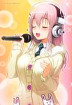  absurdres breasts headphones highres large_breasts long_hair microphone nitroplus open_mouth pink_hair red_eyes super_sonico sweater tsuji_santa 