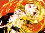  arched_back bakemonogatari blonde_hair blood dress elbow_gloves fangs fingernails fur_trim gloves kiss-shot_acerola-orion_heart-under-blade monogatari_(series) open_mouth red_eyes sachikan solo strapless strapless_dress 