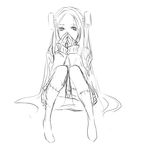  bolt chibibro covering_mouth franken_fran greyscale hand_over_own_mouth highres knees_together_feet_apart long_hair madaraki_fran monochrome panties pantyshot pantyshot_(sitting) sitting solo stitches sweater underwear 
