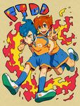  blue_eyes blue_hair brown_hair fire flame inazuma_eleven_(series) inazuma_eleven_go lightning_bolt long_hair male_focus matsukaze_tenma mosako multiple_boys raimon raimon_soccer_uniform soccer_uniform sportswear tsurugi_kyousuke v 