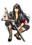  bad_id bad_pixiv_id bandages black_hair boots bracelet full_body grey_footwear jewelry kasudaao knee_boots long_hair male_focus pants sitting smile solo sword tales_of_(series) tales_of_vesperia weapon white_background yuri_lowell 