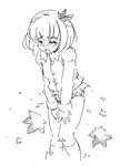  aki_shizuha blush closed_eyes covering covering_crotch dissolving_clothes greyscale hair_ornament leaf_hair_ornament mepikari monochrome no_pants panties short_hair sketch solo tears torn_clothes touhou underwear v_arms wince 