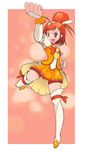  bike_shorts blush_stickers boots choker clenched_hands cure_sunny full_body highres hino_akane_(smile_precure!) okera open_mouth orange_(color) orange_choker orange_hair orange_skirt pink_background precure red_hair red_shorts short_hair shorts shorts_under_skirt simple_background skirt smile_precure! solo thigh_boots thighhighs tiara 