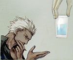  archer casual covering_mouth crimo dark_skin dark_skinned_male fate/stay_night fate_(series) grey_background grey_eyes male_focus solo water white_hair 